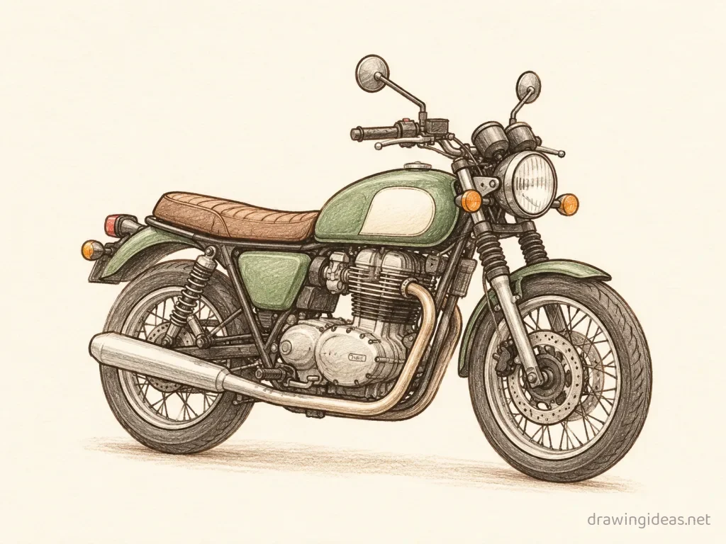 Motorcycle drawing ā hand-drawn motorcycle illustration with ink lines and soft colors