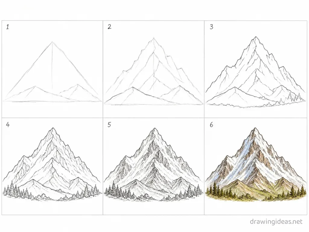 How to draw a mountain step by step — 6-step mountain drawing tutorial grid