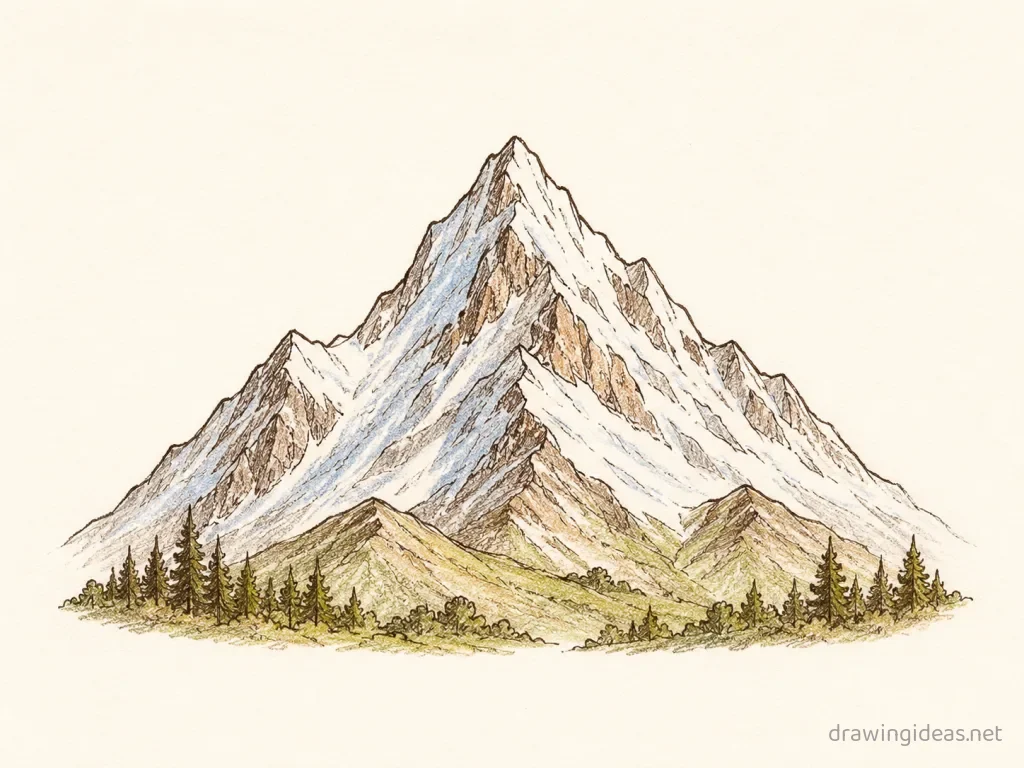 Mountain drawing — hand-drawn mountain illustration with ink lines and soft colors