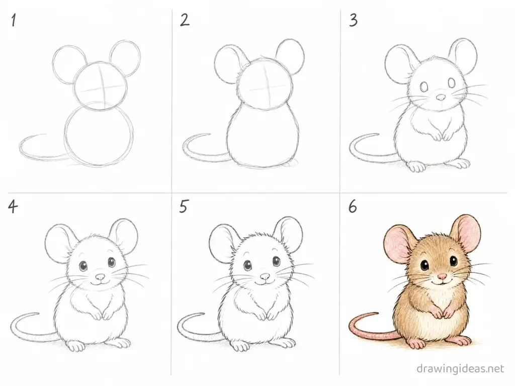 How to draw a mouse step by step — 6-step mouse drawing tutorial grid
