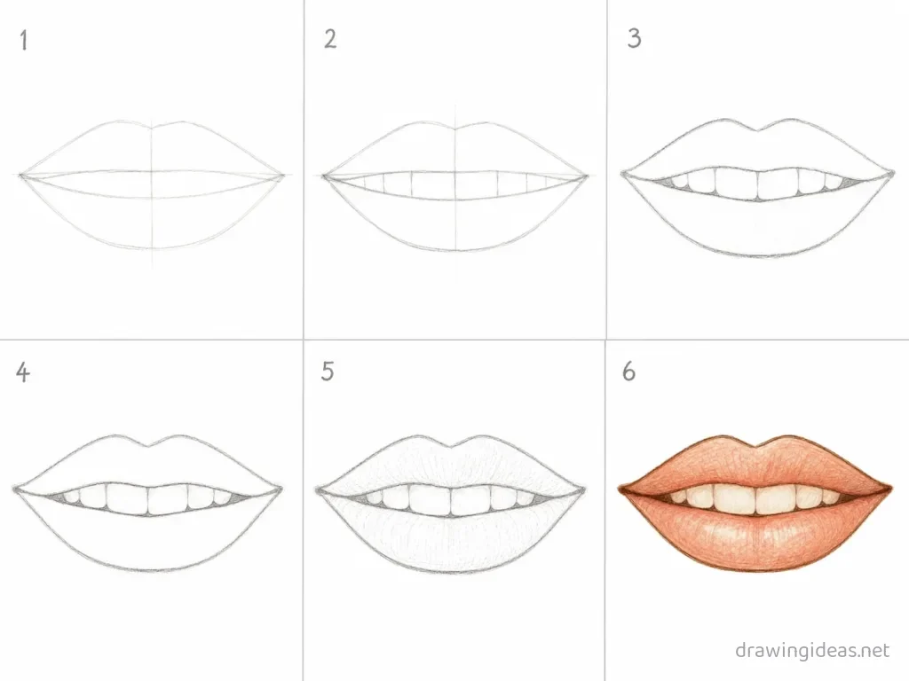 How to draw a mouth step by step — 6-step mouth drawing tutorial grid