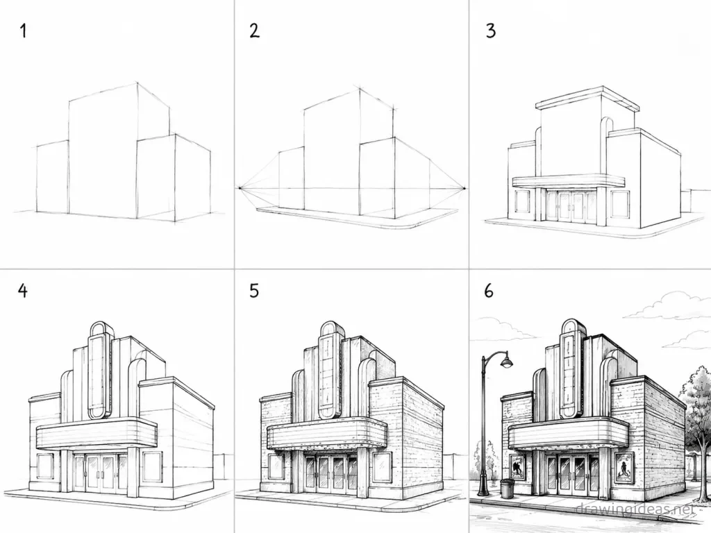 How to draw a movie theater step by step — 6-step movie theater drawing tutorial grid