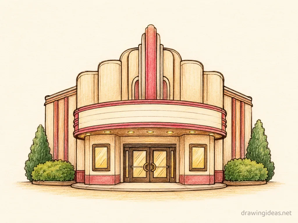 Movie Theater drawing — hand-drawn movie theater illustration with ink lines and soft colors