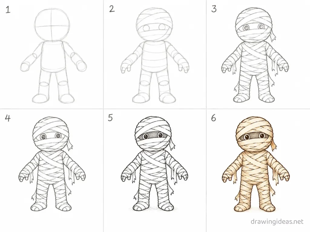 How to draw a mummy step by step — 6-step mummy drawing tutorial grid