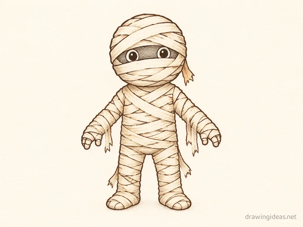 Mummy drawing — hand-drawn mummy illustration with ink lines and soft colors