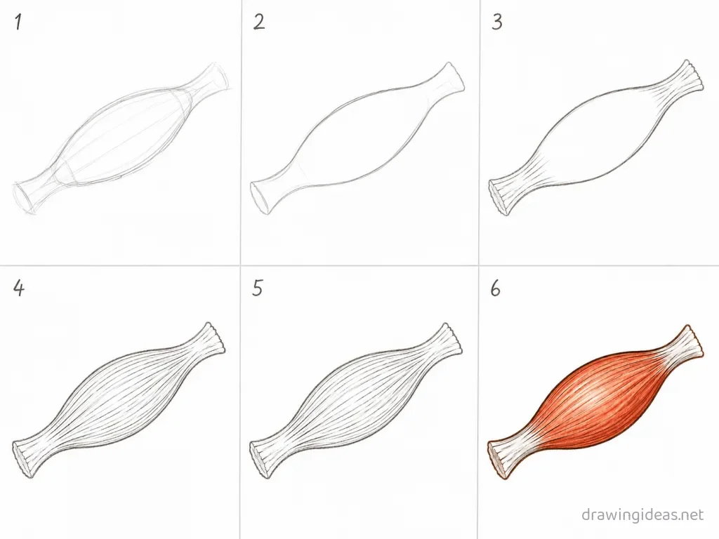 How to draw a muscle step by step — 6-step muscle drawing tutorial grid