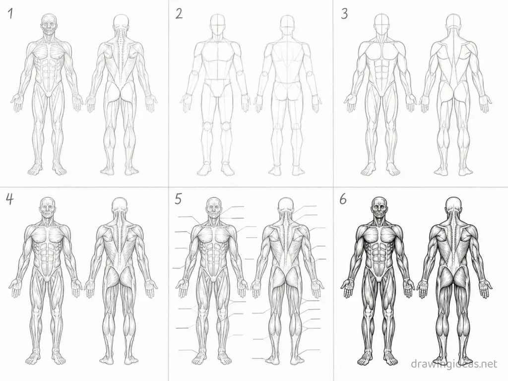 How to draw the Muscular System step by step — 6-step Muscular System drawing tutorial grid