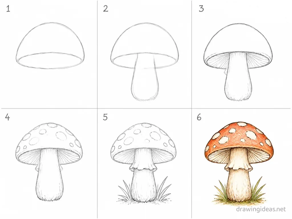 How to draw a mushroom step by step — 6-step mushroom drawing tutorial grid