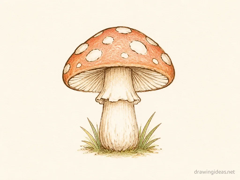Mushroom drawing — hand-drawn mushroom illustration with ink lines and soft colors