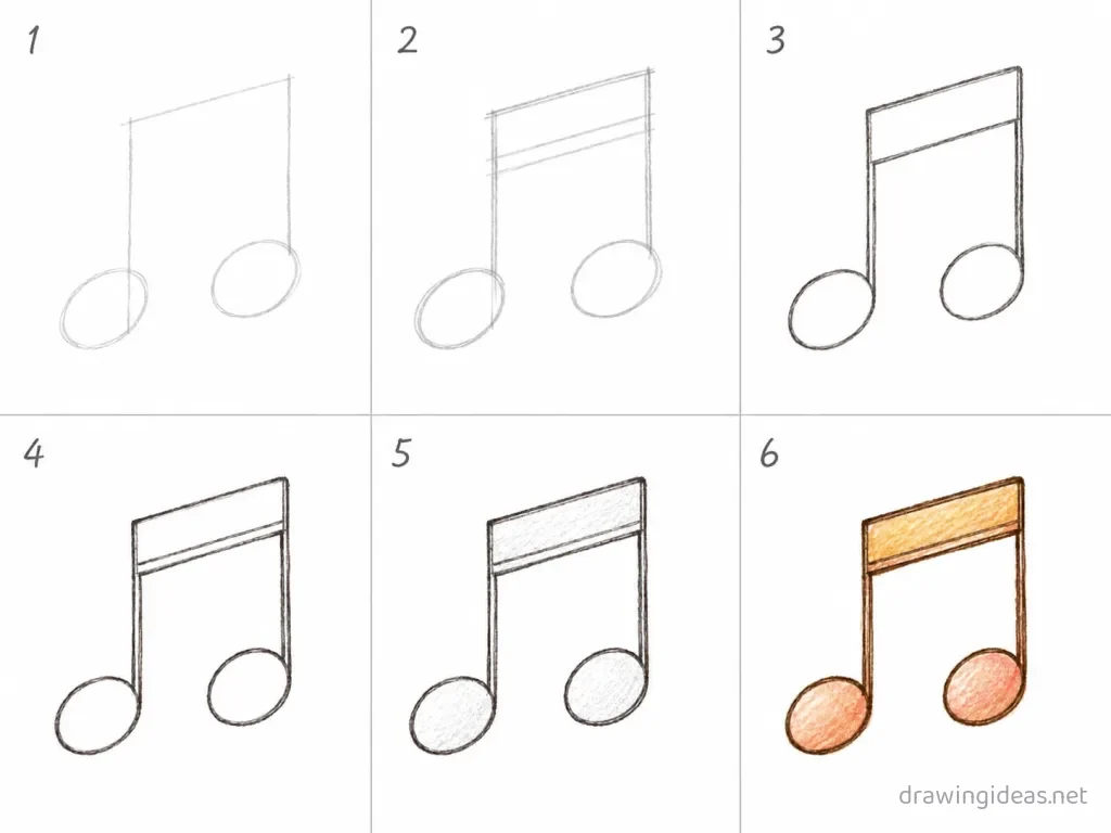 How to draw a music note step by step — 6-step music note drawing tutorial grid