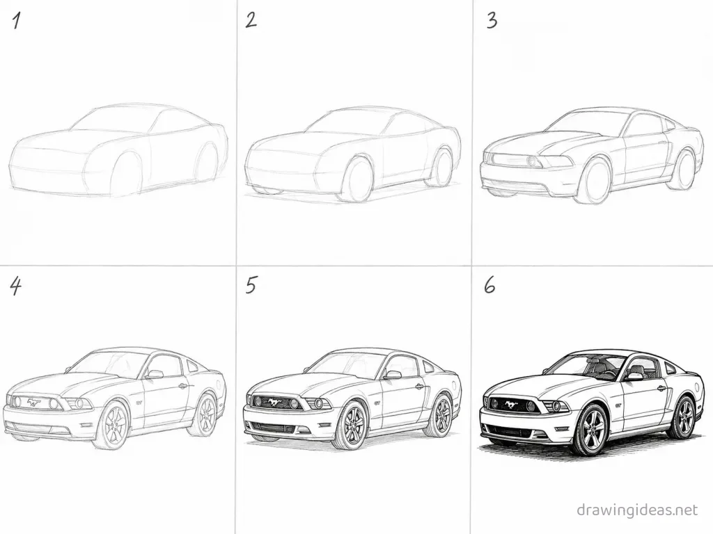 How to draw a mustang step by step — 6-step mustang drawing tutorial grid