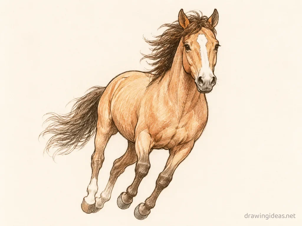 Mustang drawing ā hand-drawn mustang illustration with ink lines and soft colors