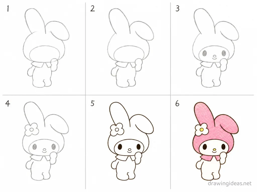 How to draw My Melody step by step — 6-step My Melody drawing tutorial grid