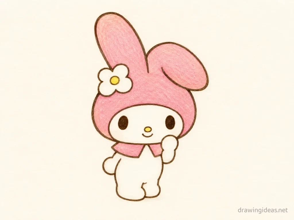 My Melody drawing — hand-drawn My Melody illustration with ink lines and soft colors