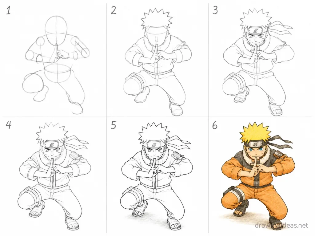 How to draw Naruto step by step — 6-step Naruto drawing tutorial grid