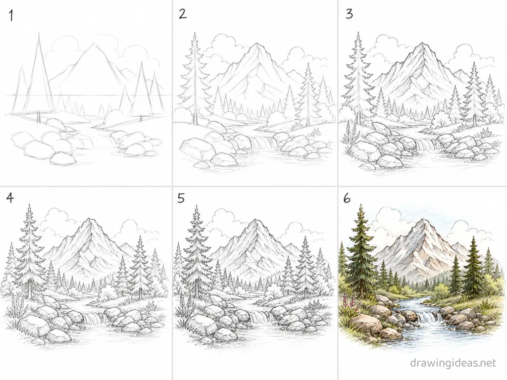 How to draw nature step by step — 6-step nature drawing tutorial grid
