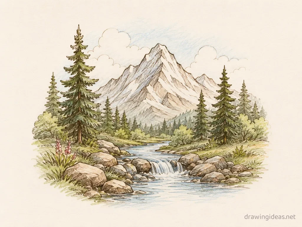 Nature drawing — hand-drawn nature illustration with ink lines and soft colors