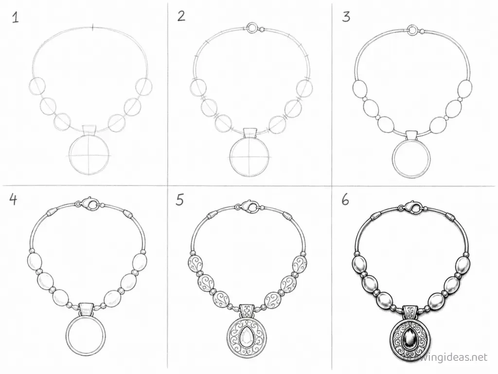 How to draw a necklace step by step — 6-step necklace drawing tutorial grid