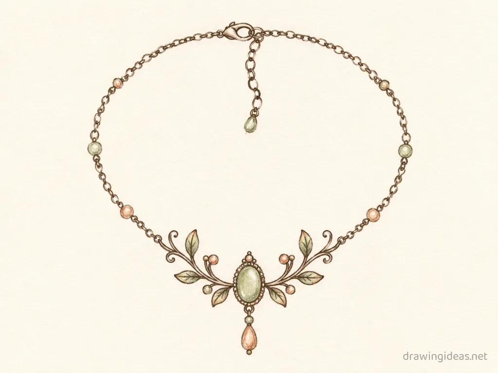 Necklace drawing — hand-drawn necklace illustration with ink lines and soft colors