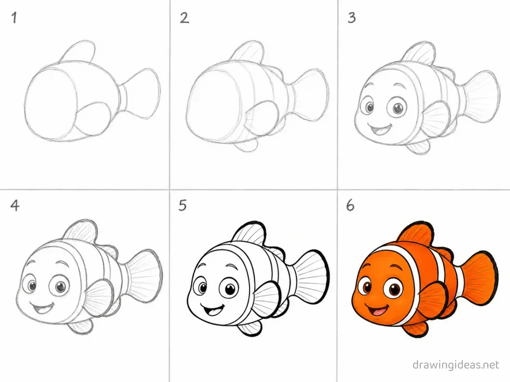 How to draw Nemo step by step — 6-step Nemo drawing tutorial grid