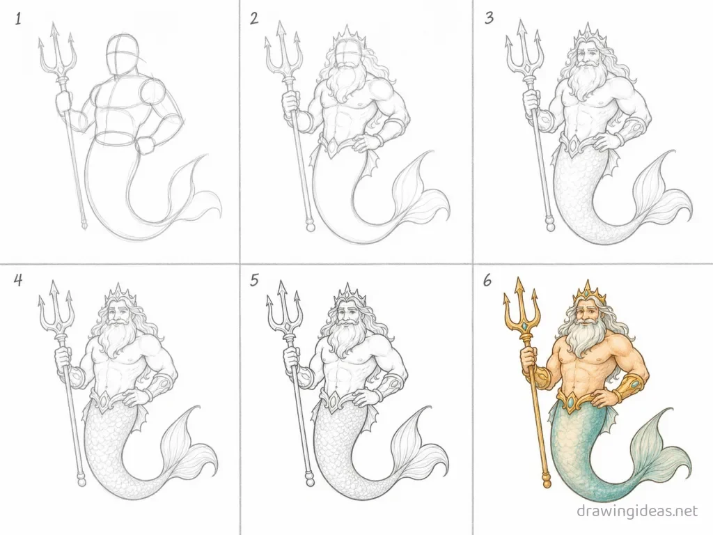 How to draw a neptune step by step — 6-step neptune drawing tutorial grid
