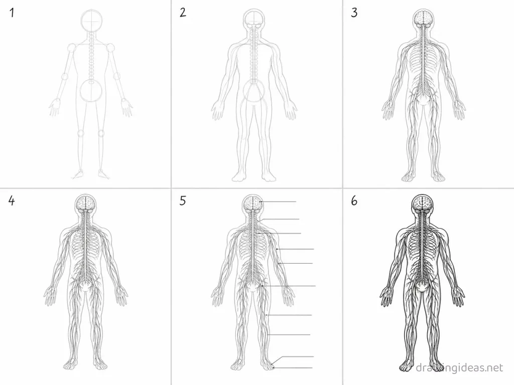 How to draw the Nervous System step by step — 6-step Nervous System drawing tutorial grid