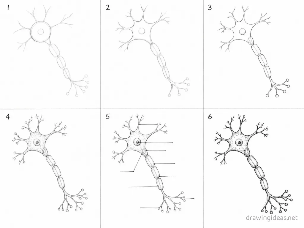 How to draw a neuron step by step — 6-step neuron drawing tutorial grid