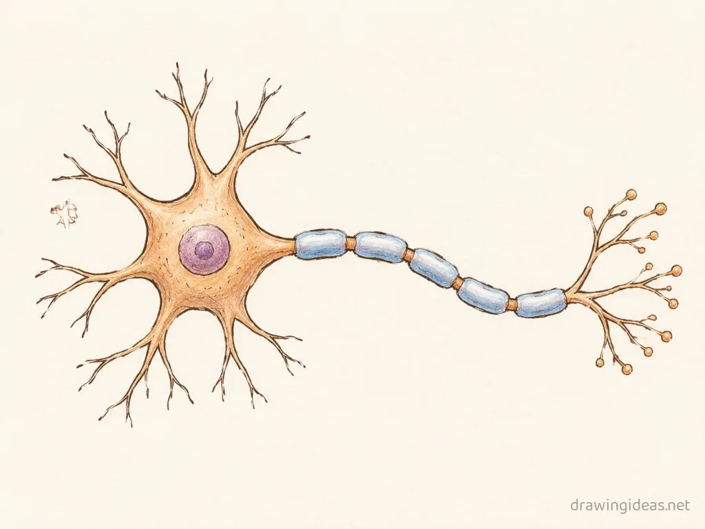 Neuron drawing — hand-drawn neuron illustration with ink lines and soft colors