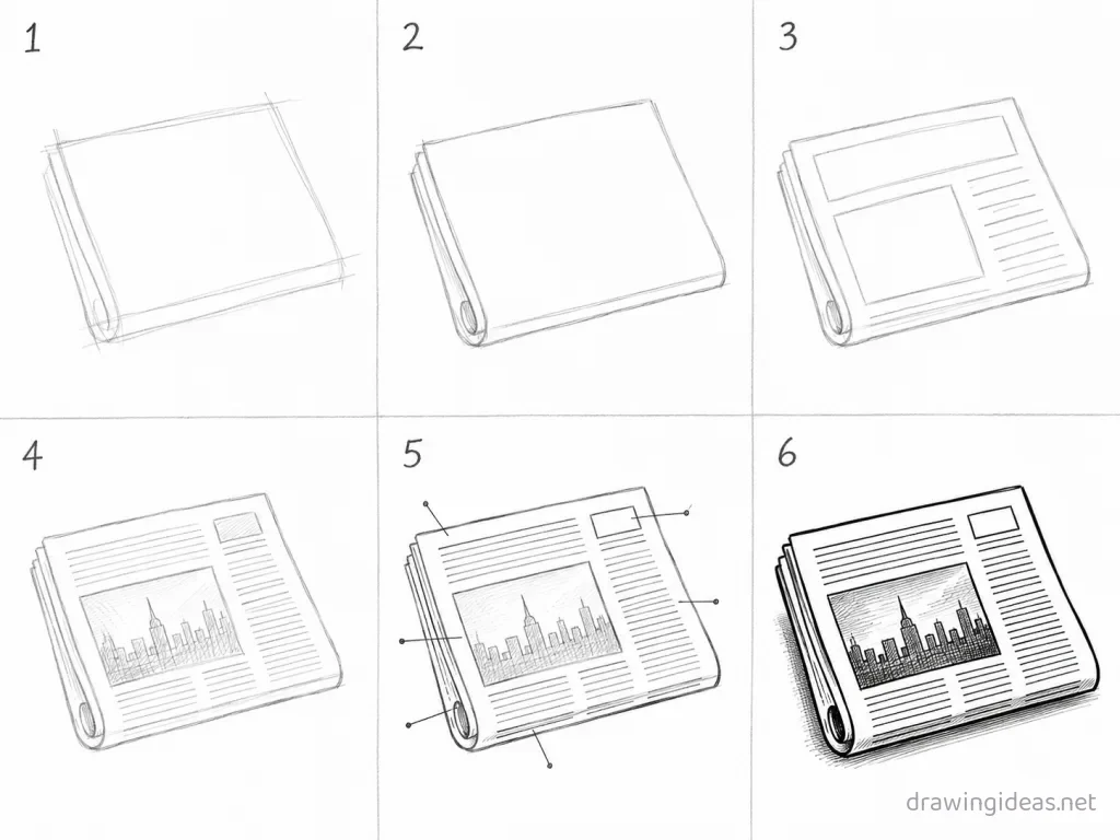 How to draw a newspaper step by step — 6-step newspaper drawing tutorial grid