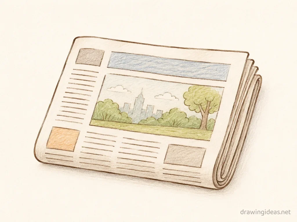 Newspaper drawing — hand-drawn newspaper illustration with ink lines and soft colors