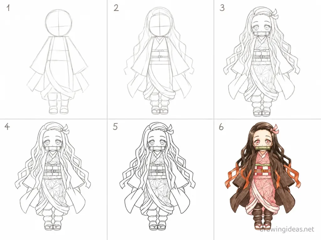 How to draw Nezuko step by step — 6-step Nezuko drawing tutorial grid