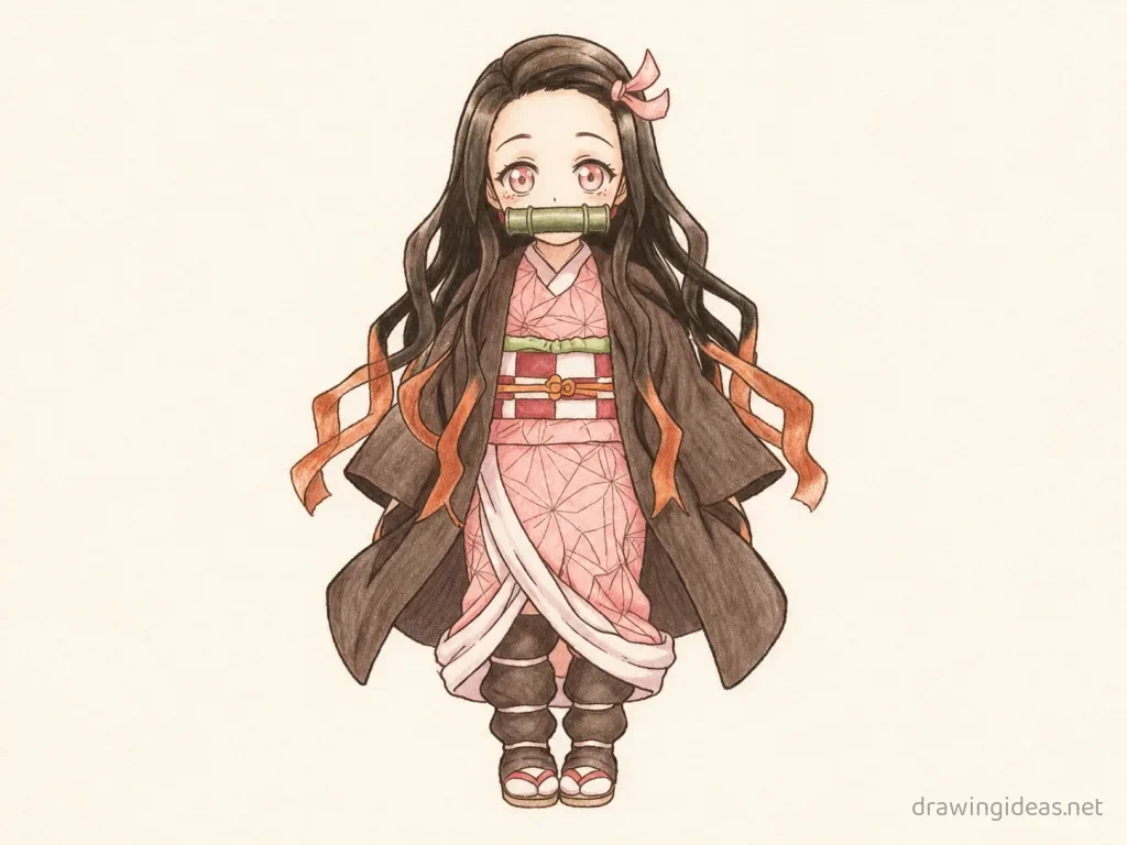 Nezuko drawing — hand-drawn Nezuko illustration with ink lines and soft colors