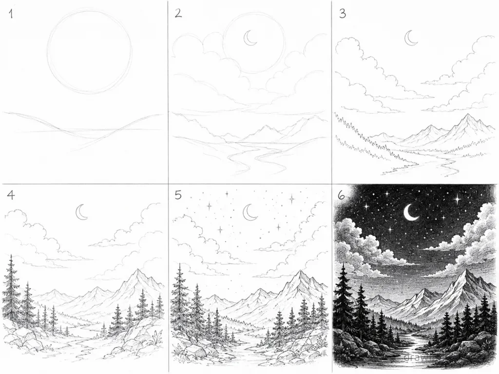 How to draw a night sky step by step — 6-step night sky drawing tutorial grid