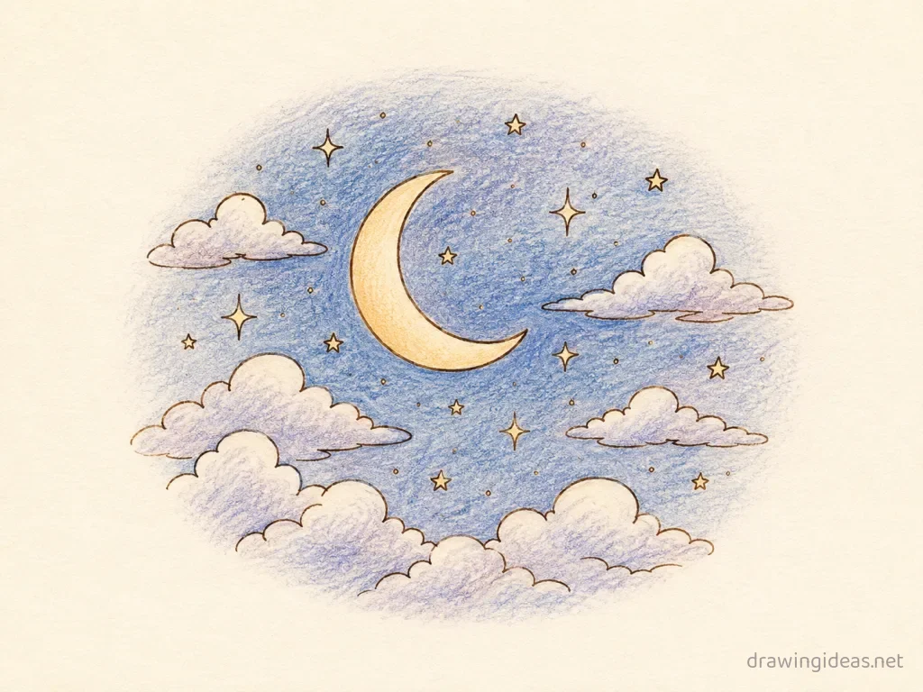 Night Sky drawing — hand-drawn night sky illustration with ink lines and soft colors