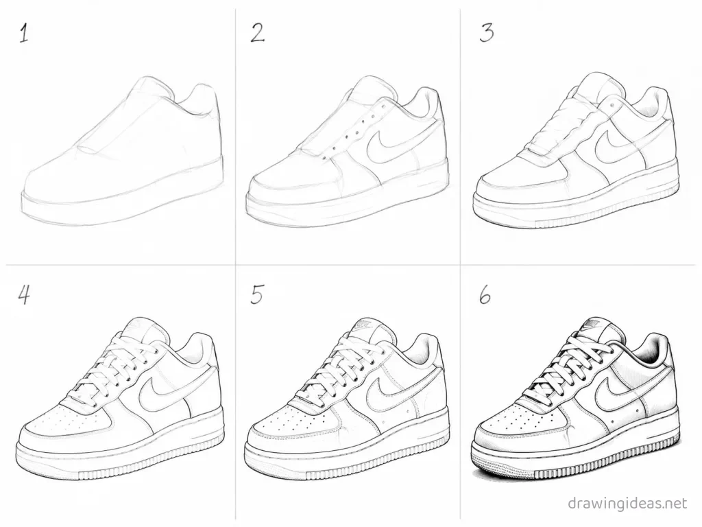 How to draw Nike step by step — 6-step Nike drawing tutorial grid