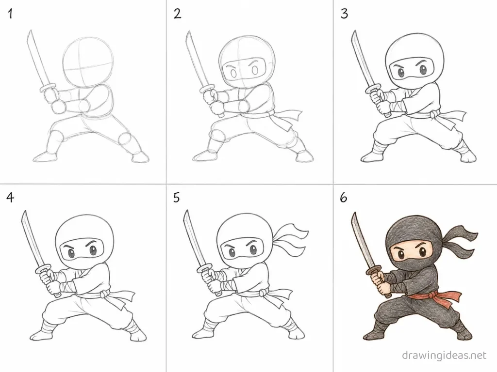 How to draw a ninja step by step — 6-step ninja drawing tutorial grid
