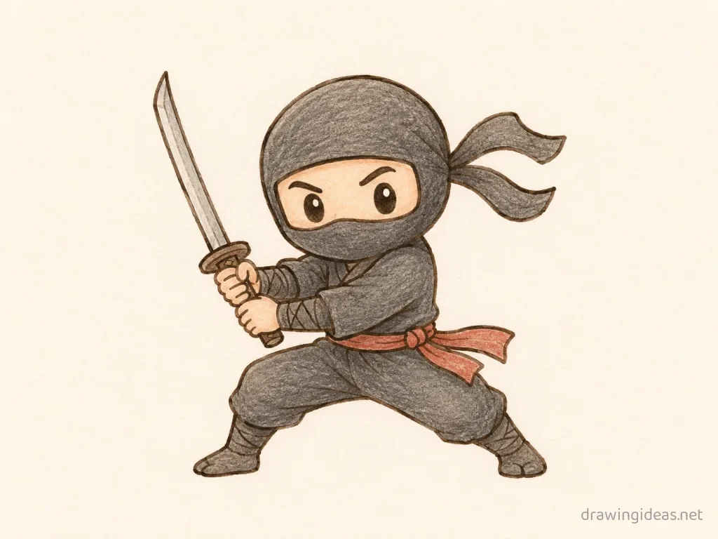 Ninja drawing — hand-drawn ninja illustration with ink lines and soft colors