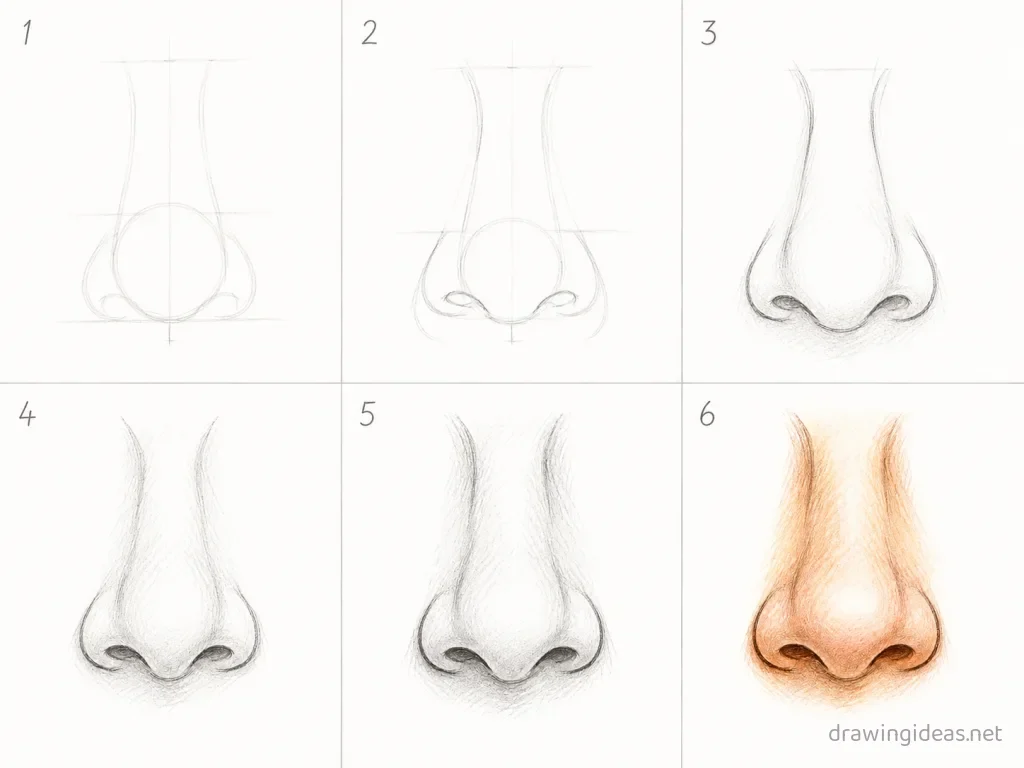 How to draw a nose step by step — 6-step nose drawing tutorial grid