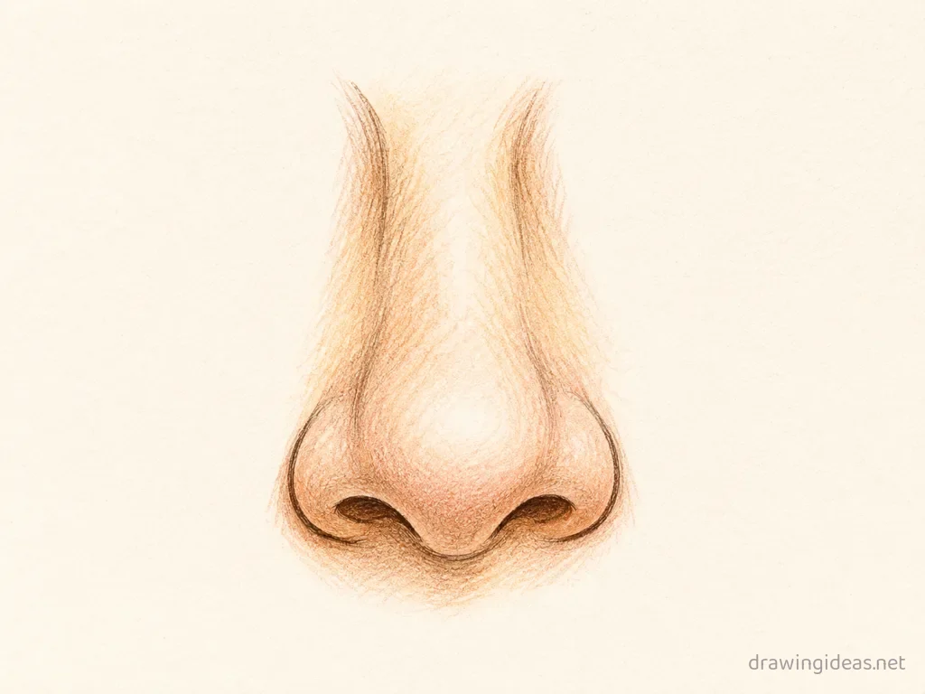 Nose drawing — hand-drawn nose illustration with ink lines and soft colors