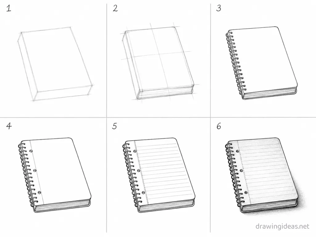 How to draw a notebook step by step — 6-step notebook drawing tutorial grid