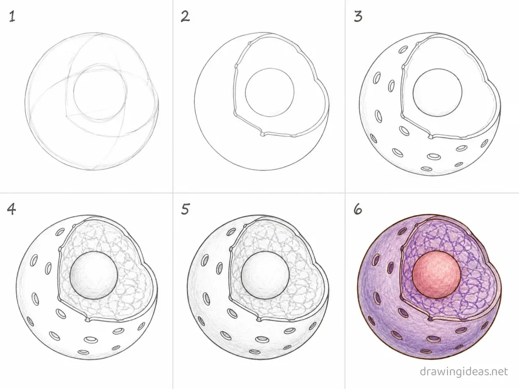 How to draw a nucleus step by step — 6-step nucleus drawing tutorial grid