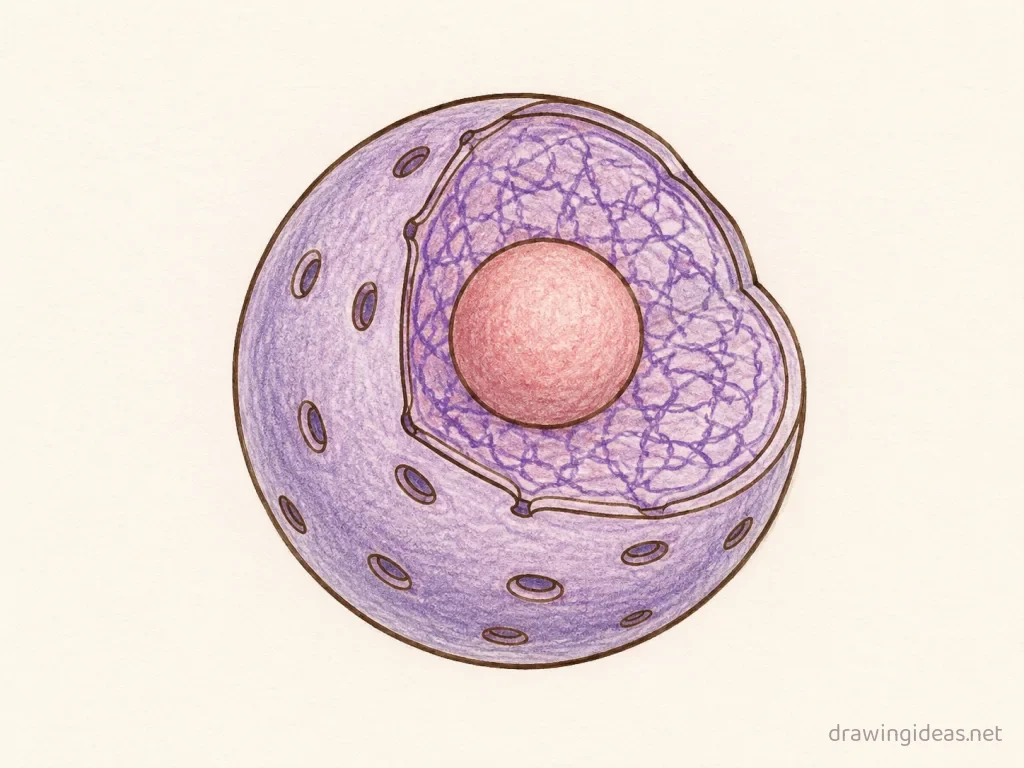Nucleus drawing — hand-drawn nucleus illustration with ink lines and soft colors