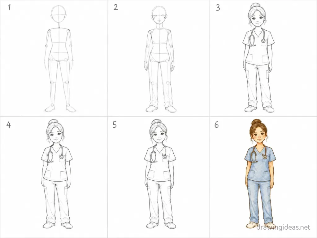 How to draw a nurse step by step — 6-step nurse drawing tutorial grid