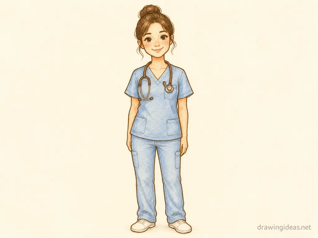 Nurse drawing — hand-drawn nurse illustration with ink lines and soft colors