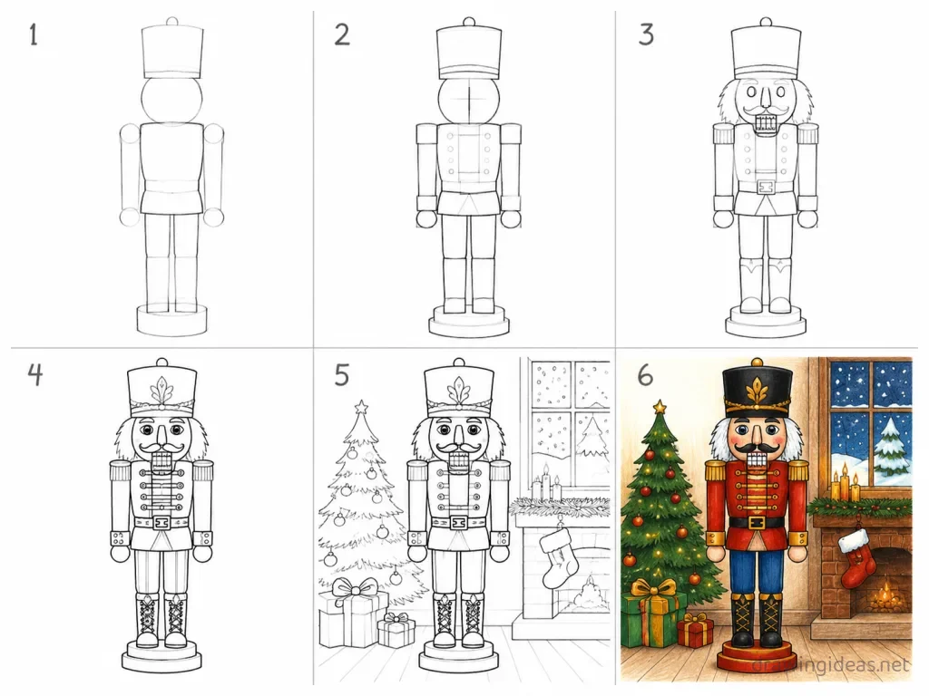 How to draw a nutcracker step by step — 6-step nutcracker drawing tutorial grid