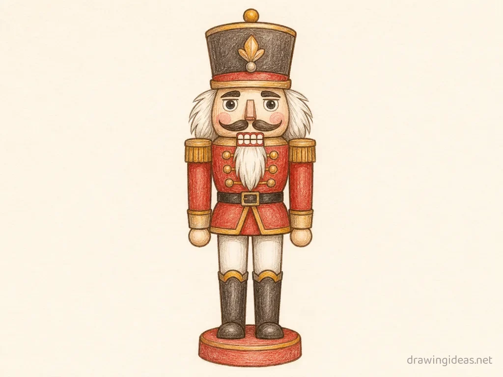 Nutcracker drawing — hand-drawn nutcracker illustration with ink lines and soft colors