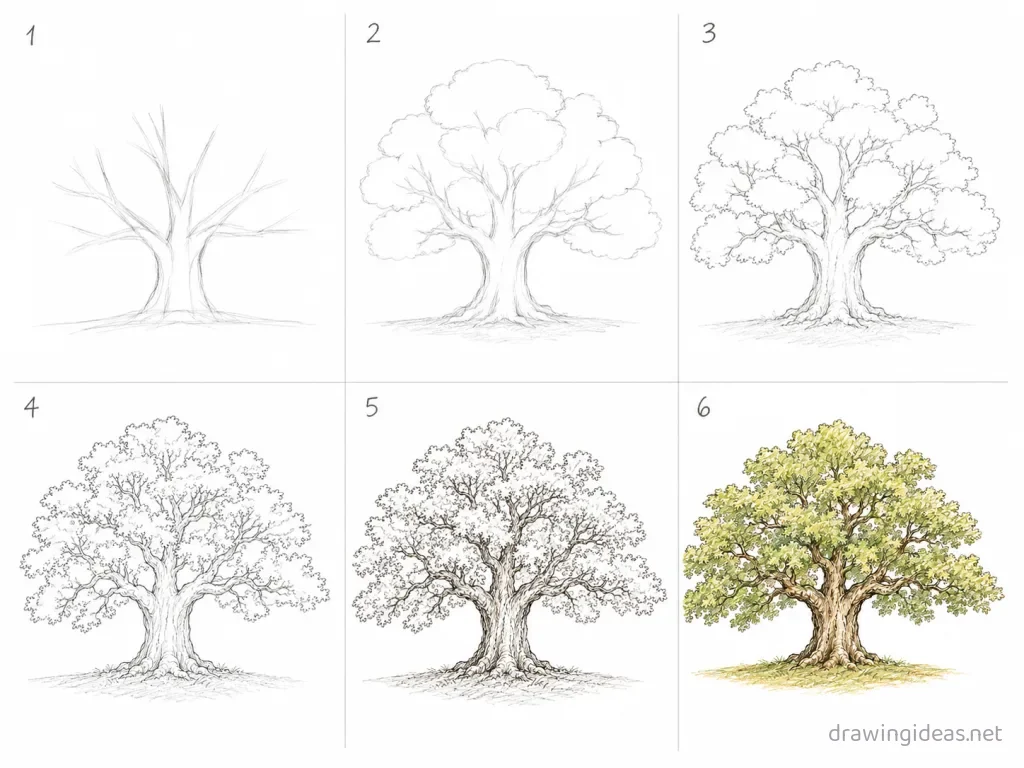 How to draw an oak tree step by step — 6-step oak tree drawing tutorial grid