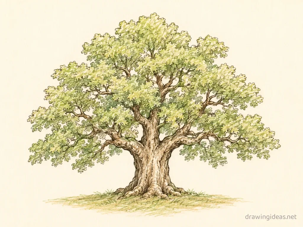 Oak Tree drawing — hand-drawn oak tree illustration with ink lines and soft colors