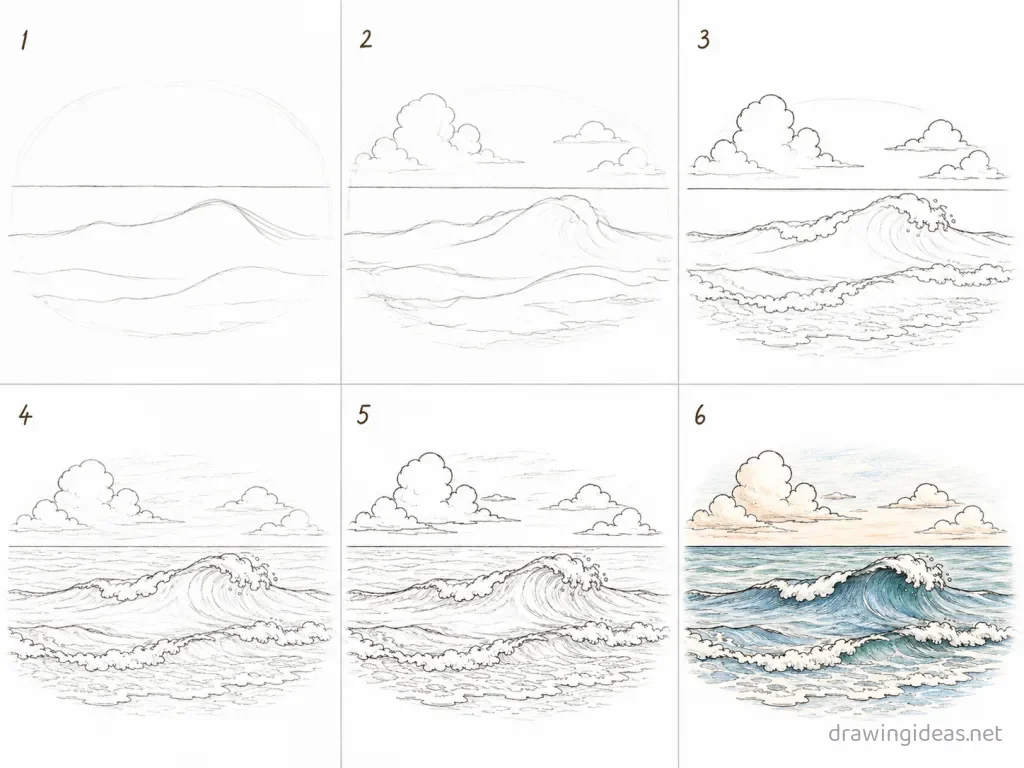 How to draw an ocean step by step — 6-step ocean drawing tutorial grid
