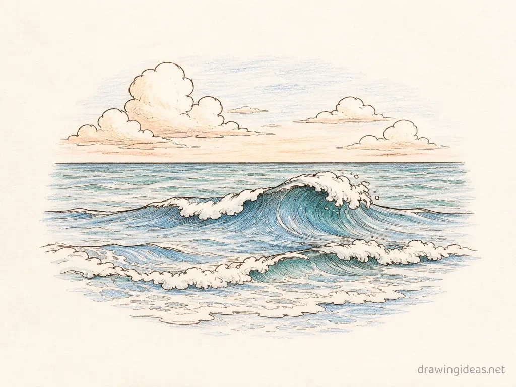 Ocean drawing — hand-drawn ocean illustration with ink lines and soft colors